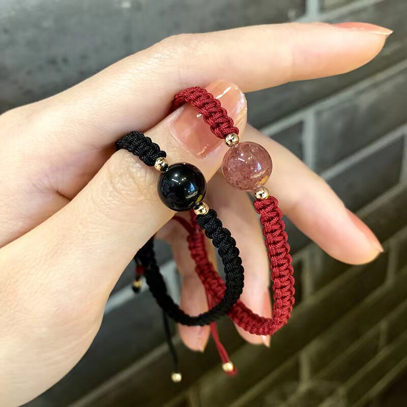 New Douyin Internet Celebrity Obsidian Lucky Beads Men's Red Strawberry Crystal Bracelet Women's Braided Couple Bracelet