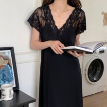 睡裙女带胸垫防凸点冰丝滑凉感蕾丝短袖薄款家居服夏性感睡衣2072