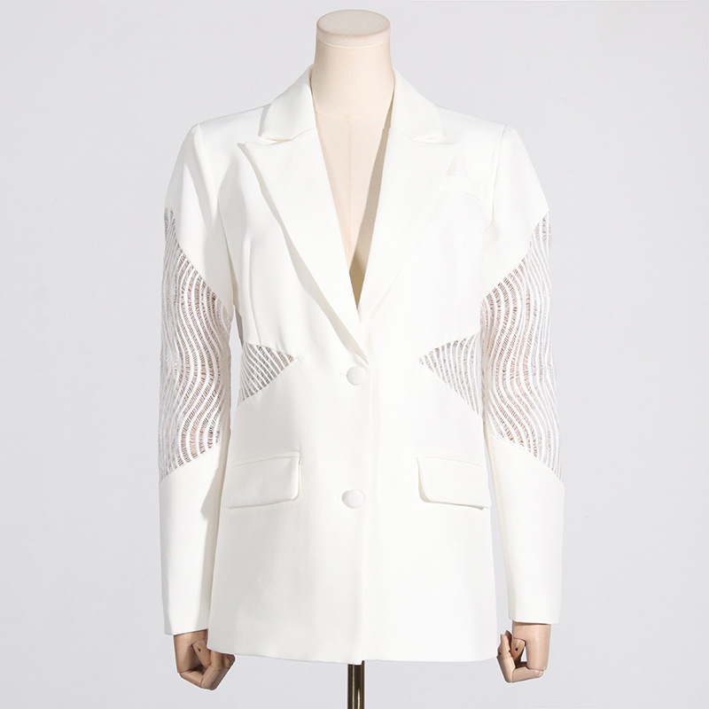 Elegant Women's Blazer Jacket Long Sleeve Lace Patchwork V-neck_voghion.com