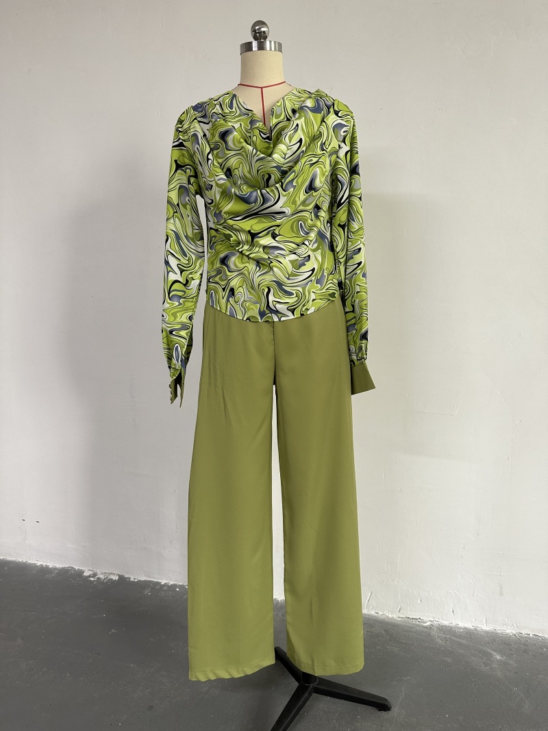 Women Clothing Spring Print Lantern Sleeve Shirt Wide Leg Work Pant Casual Suit