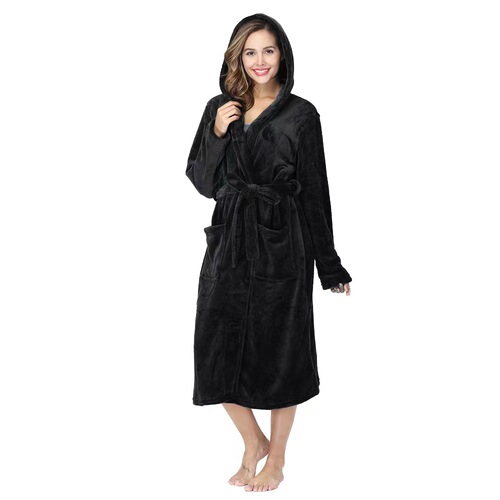 European and American autumn and winter flannel thick nightgown extended style lace solid color hooded bathrobe for women