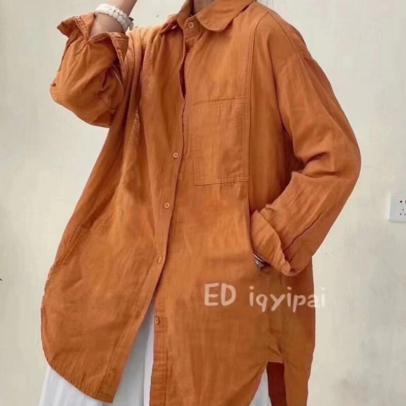 Ed iqyipai 3719 Mid-length Double-layer Cotton and Linen Shirt Lapel Long Sleeve Shirt Solid Color Cardigan Base Shirt