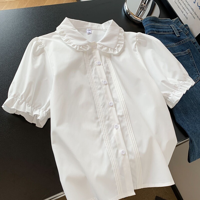 Japanese-style sweet and cute short-sleeved shirt for girls, new summer vintage doll collar commuter white blouse Japanese-style sweet and cute short-sleeved shirt for girls, new summer vintage doll collar commuter white blouse