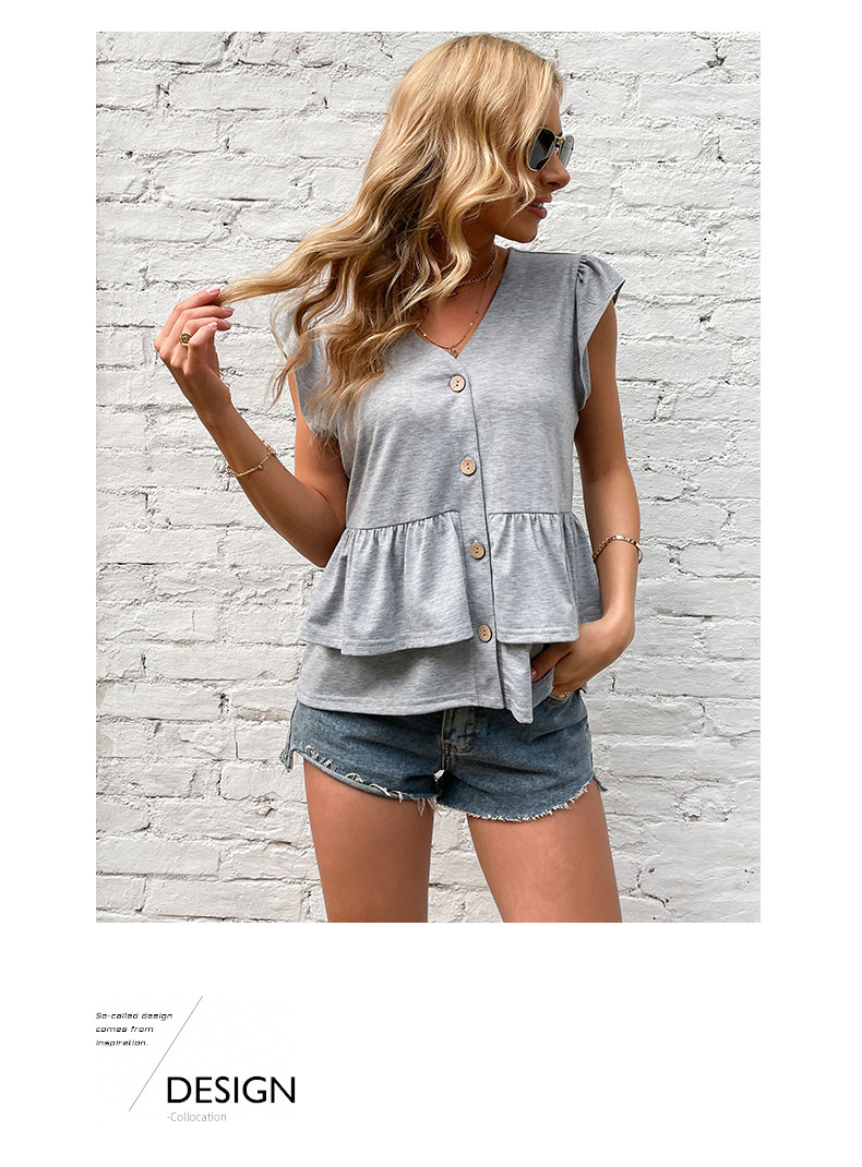 Solid Color Ruffled Gray V-neck Casual Short-sleeved T-shirt_voghion.com