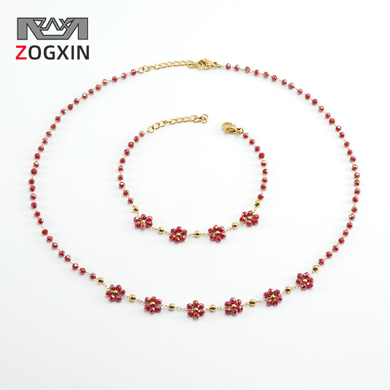 Bracciale in acciaio inossidabile con fiore di cristallo colorato, collana in acciaio al titanio dorato bohémien da donna_voghion.com