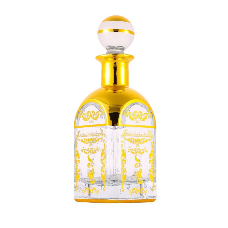 Botella de difusión de vidrio árabe botella de perfume 150ml botella de exhibición de aceite esencial chapado en oro botella de vidrio fragrante botella dividida