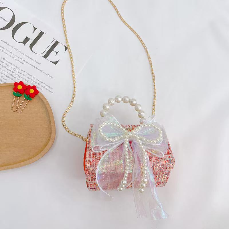 Hermosa mochila de niña pequeña moda de moda mochila portátil, princesa dama mochila de perlas, mochila de hombro