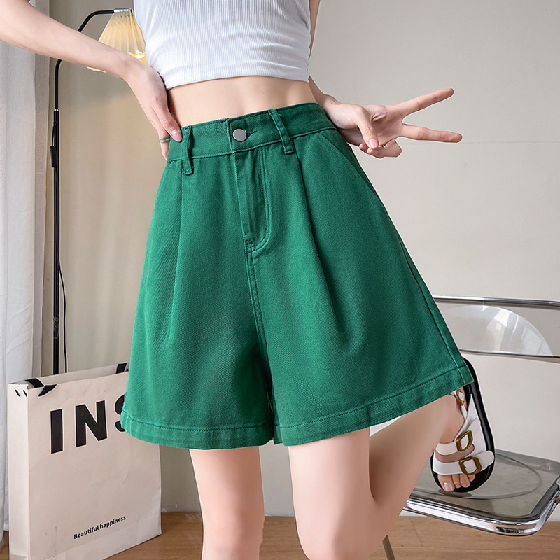 Green Pleated Denim Shorts Women's Quarterly Pants Summer New Thin A- line Design Sense Solid Color Hot Trendy Pants