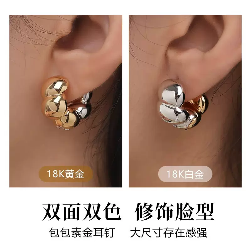 小众设计新款金银拼接素金系列铜镀18k金双色意大利包包造型耳钉
