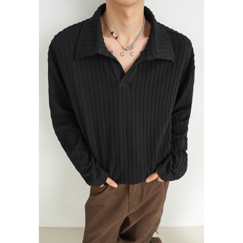 Wheat-pattern V-neck Polo Shirt For Men, Autumn Style, High-end Old Money Vibe, Relaxed Fit, Collared Sweatshirt, Worn_voghion.com