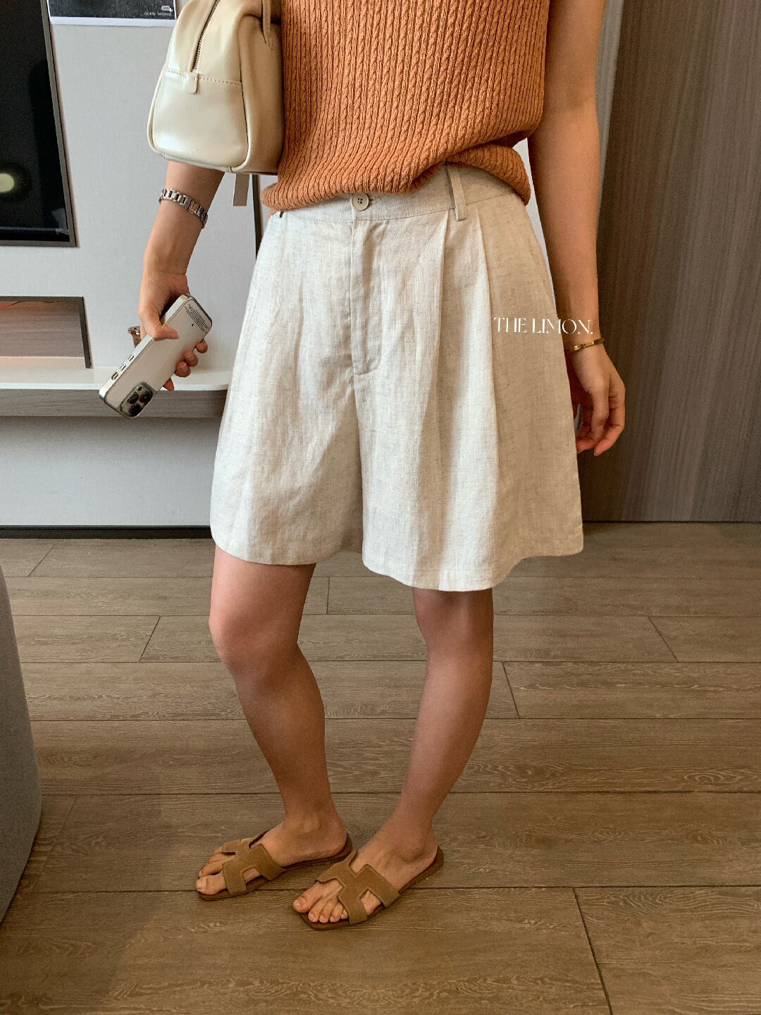 Quần short nữ cạp cao chất liệu tencel linen phối sợi, dáng suông rộng, tôn dáng, phong cách old money — màu sắc, Màu cà phê, màu trắng, Xanh da trờicolor chi tiết 7