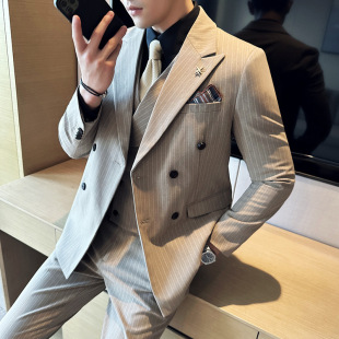Men's Suit Business Casual Stripesd Dress Groom's Double-Breasted Suit Three-Piece Suit for Boys