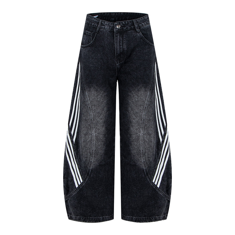 American Retro Street Washed Three-Stripe Unisex Deconstructed Scimitar Wide-Leg Jeans Factory Direct Sale