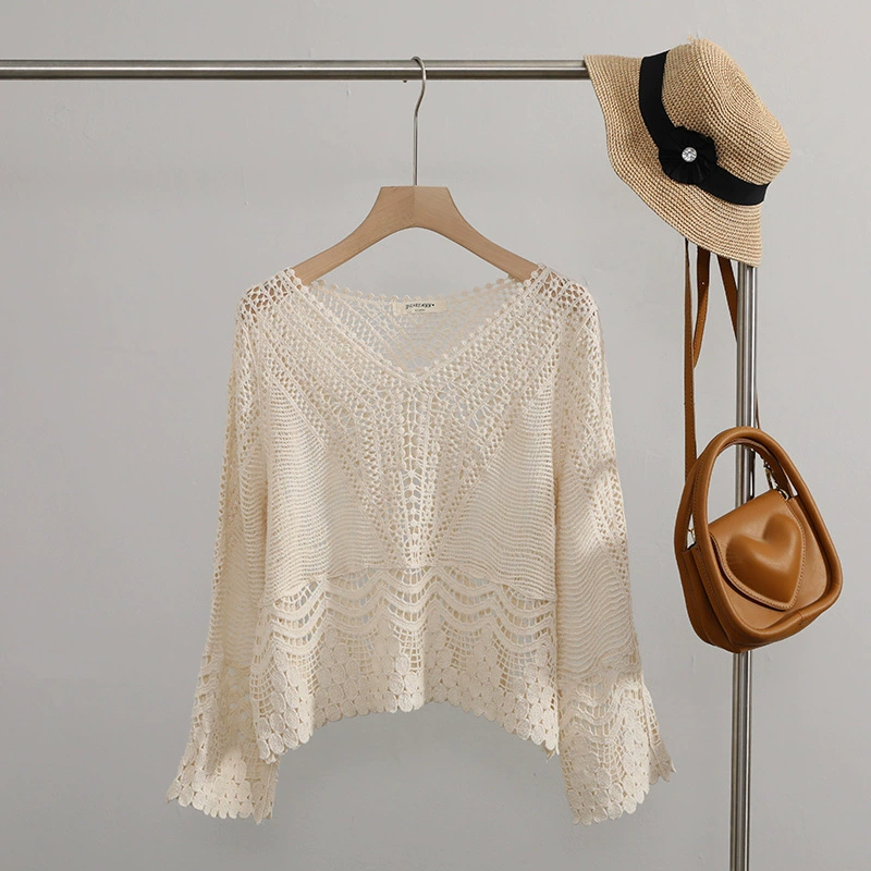 Summer thin knitted long-sleeve, V-neckline, sun protection, oversize