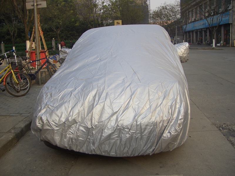 170t Silver-Coated Fabric Car Cover with Sunshade and Built-In Ears for Sun and Rain Protection, Silver-Coated Car Cover