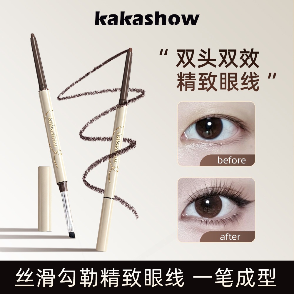 Kakashow eyeliner pencil, featuring a razor-sharp tip, is ultra-fine, dual-ended, waterproof, sweat-proof, highly pigmented, long-lasting, smooth, and doesn’t clump easily