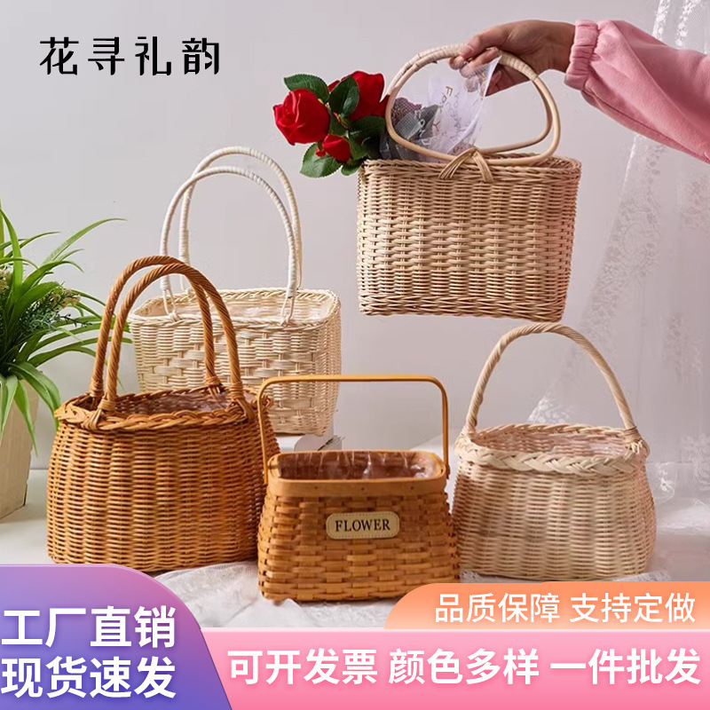 Mimbre borla cesta de flores de mano ramo decoración DIY arreglo de flores pastoral adornos flores tejidas a mano niña de las flores de la boda