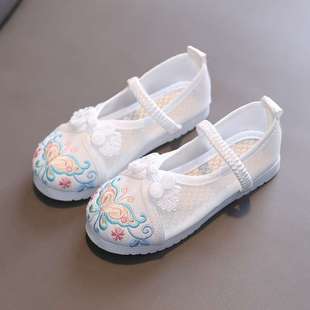 Children's New Chinese-Style Cloth Shoes, Girls' Embroidered Shoes, Ethnic Style Hanfu Shoes, Summer Mesh Shoes, Ancient Costume with Mamian Skirt, Children's Shoes