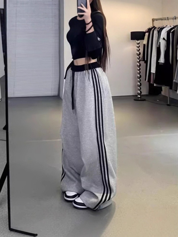 2025秋冬爆款三条杠加绒女裤直筒高腰阔腿裤抽绳宽松休闲运动卫裤|undefined