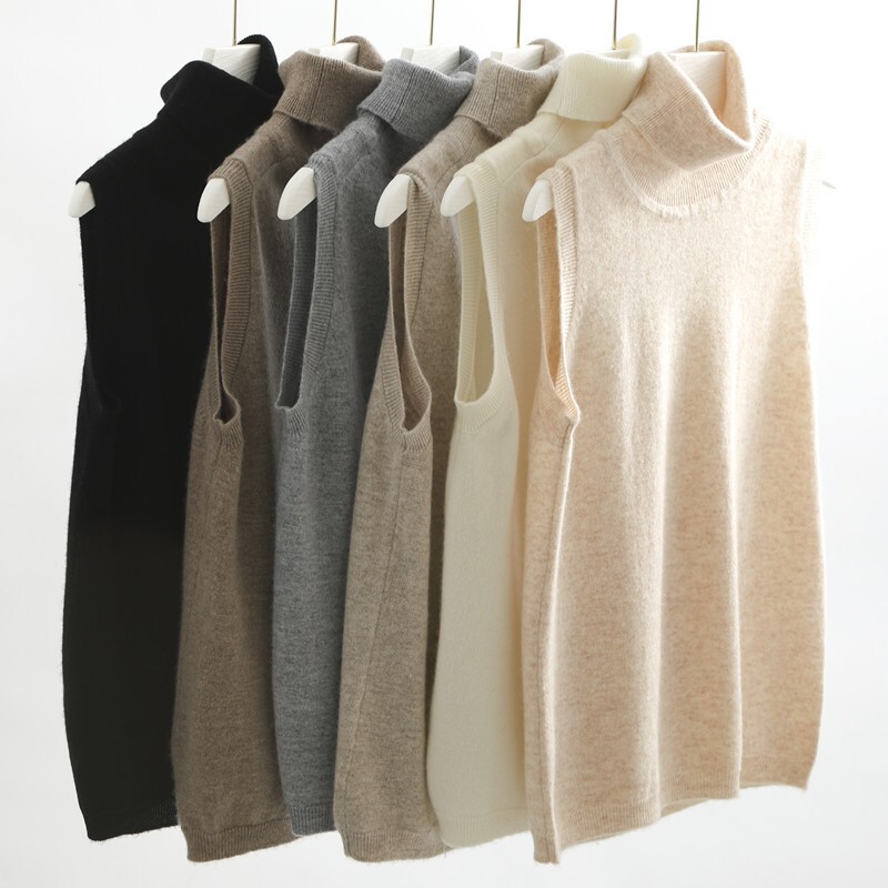 Autumn and winter cashmere turtleneck knitted vest for women, loose and slimming, sleeveless pullover sweater, simple and suitable for everyday wear