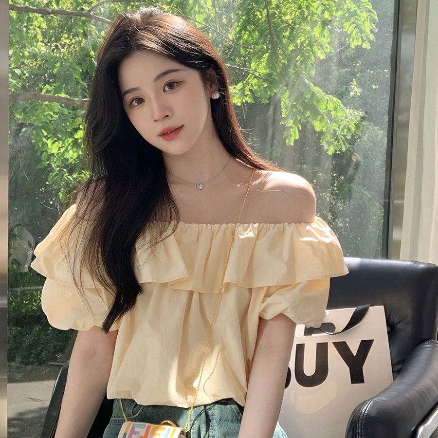 반팔 핫걸 스퀘어 넥 솔리드 컬러 프렌치 레트로 여름 반팔 셔츠 쉬폰 원 숄더 짧은 스타일 배꼽 노출 새로운 스타일