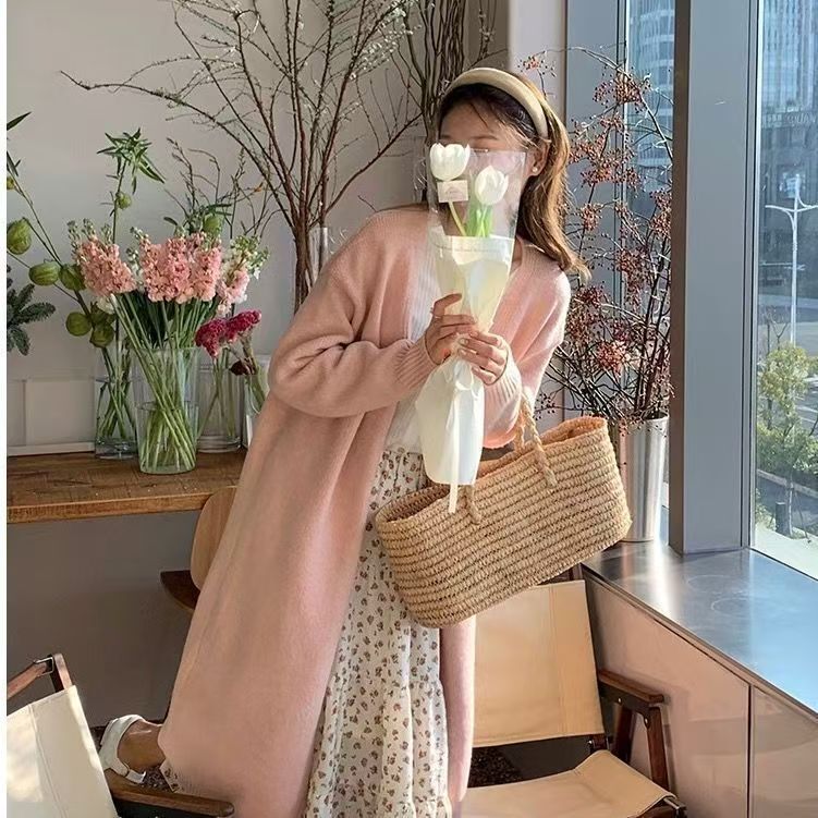 2025春新款女装百搭纯色针织开衫中长款东大门慵懒风秋冬毛衣外套|undefined