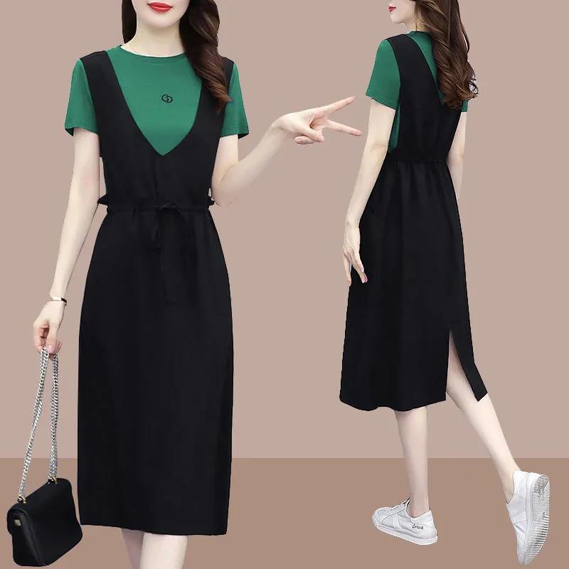 2022 New Fake Two-piece Strap Dress Fashion Casual Dress Women's Long Loose Slim European Station Summer