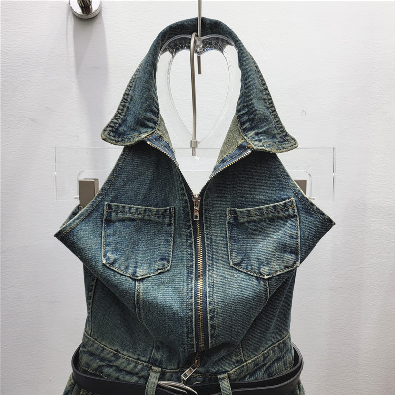 Verano nuevo estilo coreano cuello POLO sin mangas Chaleco de un solo pecho + cintura alta curling pantalones cortos de pierna ancha traje de mezclilla de las mujeres
