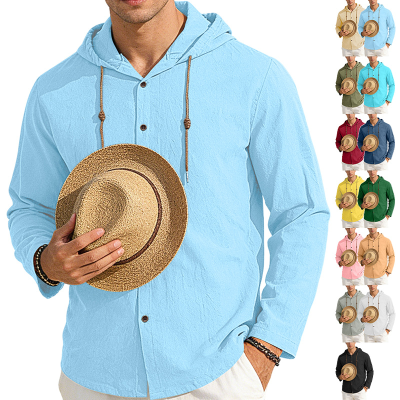 T-shirt con cappuccio uomo maniche lunghe cotone lino casual_voghion.com
