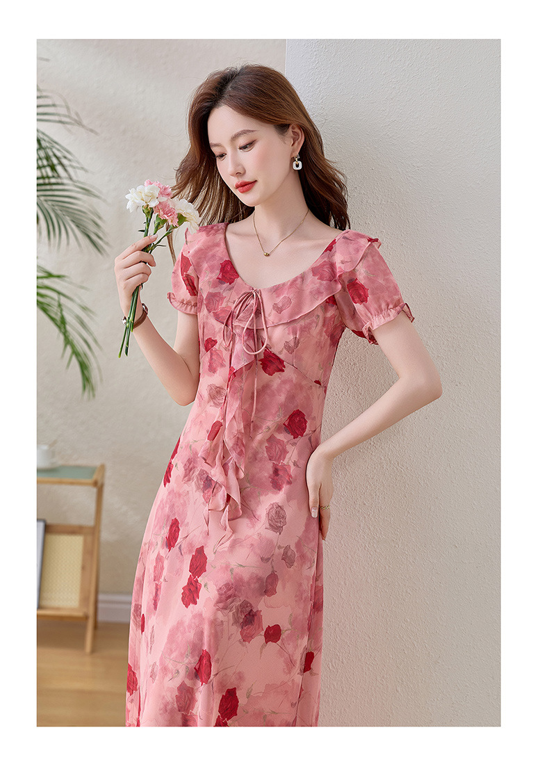 Đầm maxi nữ hoa hồng cổ V tay ngắn thắt eo — Hồng lãng mạn chi tiết 15