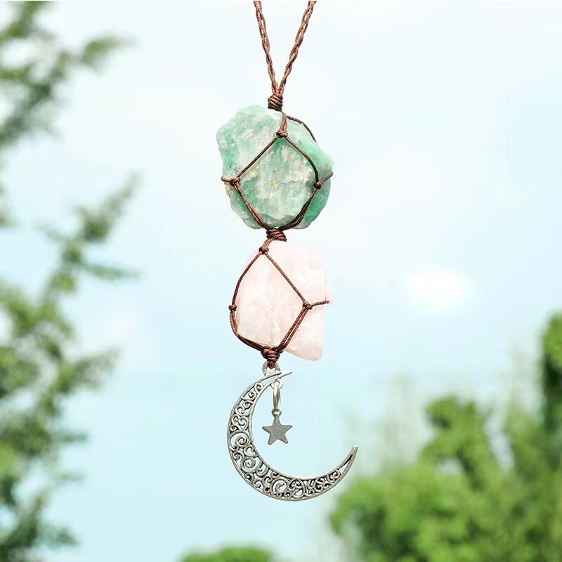 Natural Amethyst Rose Quartz Hand-Knocked Raw Stone Pendant Star and Moon Pendant Handmade Colorfulful Woven Car Pendant