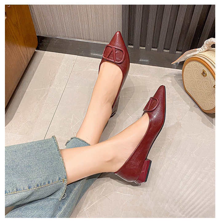 Giày cao gót nữ mũi nhọn khóa vuông da mềm gót thấp 3 cm — màu đen, màu đỏ, quả mơ chi tiết 21