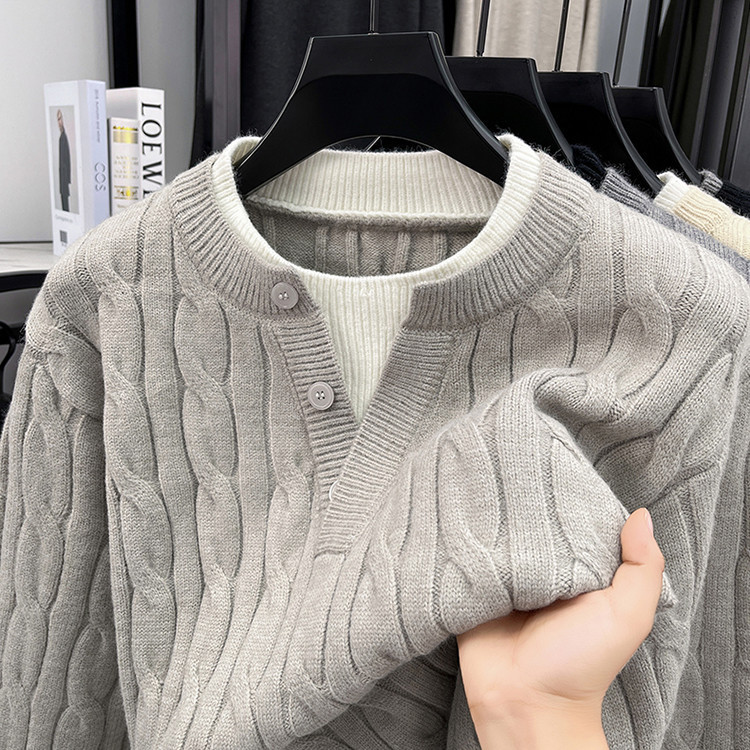 Autumn and winter American-style casual men's faux two-piece knitted sweater, trendy men's casual designer loose-fitting trendy men's sweater