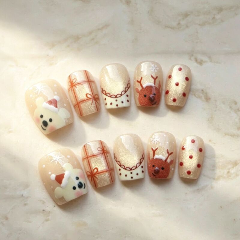 Hot-selling 30-piece set of wearable 3D glitter cat-eye, sweet and cool bear, and polka dot nail art fake nails for wholesale