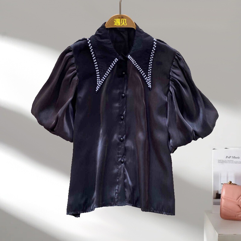French-Style Light Luxury Socialite Beaded Doll Collar Lantern Sleeve Shirt Niche Trendy Fashion Satin Cardigan Top