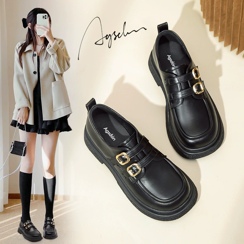 Женские лоферы Augu Shiden 2025: Новинка осени, черные, во французском стиле, на толстой подошве, без застежек, в британском стиле, из натуральной кожи