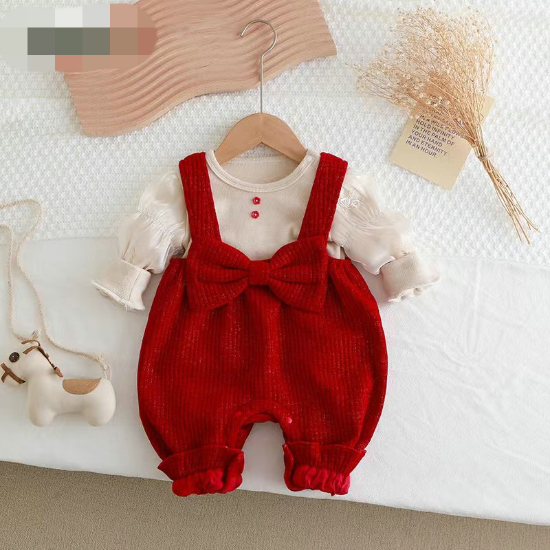 百天婴儿衣服秋装女宝宝背带裤套装满月周岁礼服新生儿红色公主服
