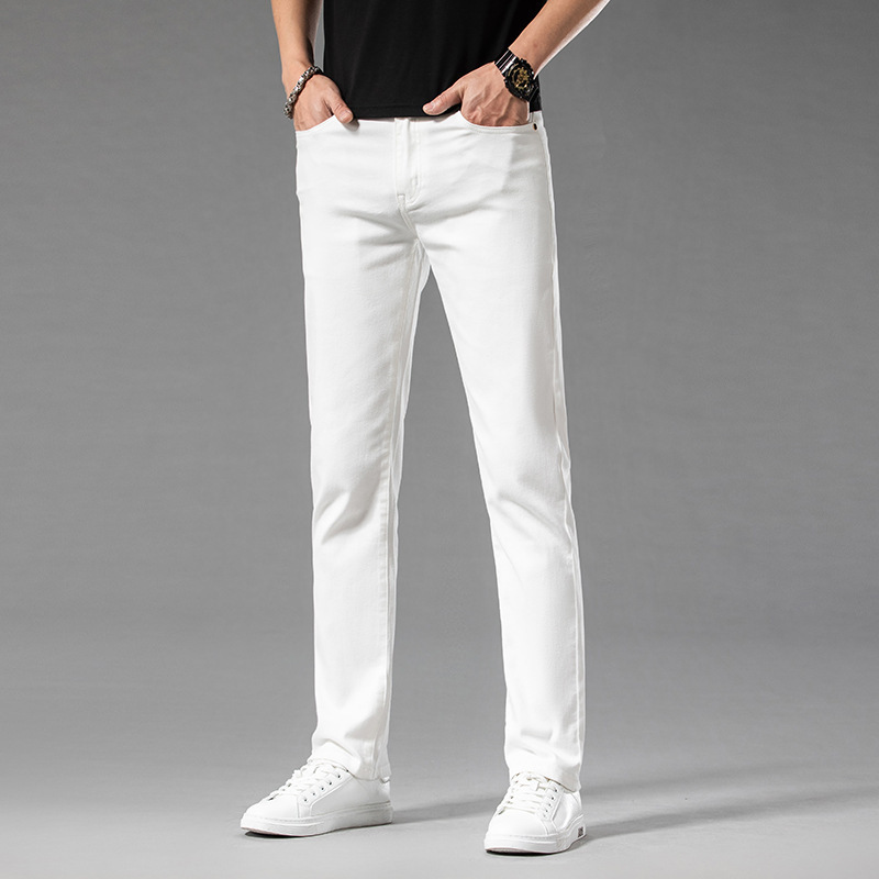 Off-White Slim Fit Stretch Jeans for Men, New Seasonal Regular Simple Versatile Trendy Brand Straight Pants Trouser