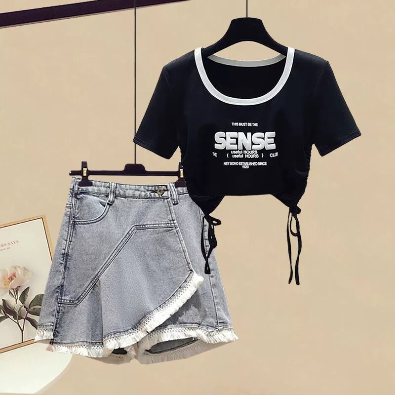 Summer set, jeans with letters, western style, drawstring, with short sleeve