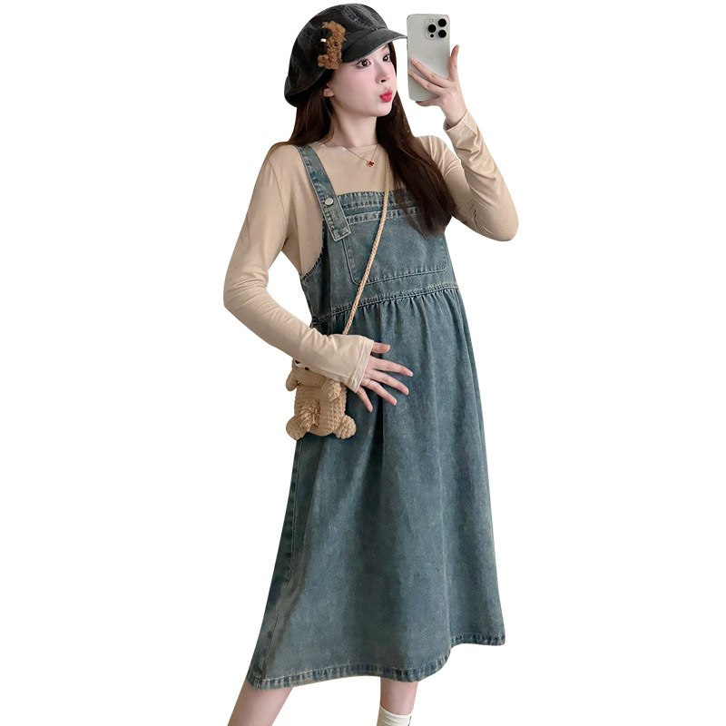 임산부복 봄 가을 서스펜더 데님 드레스 2024 패션 아우터웨어 임산부 투피스 슈트 임산부 스커트 트렌드