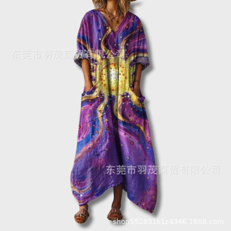 2025新款独立站女式复古花卉艺术图案印花口袋V领口袋连衣裙2|undefined