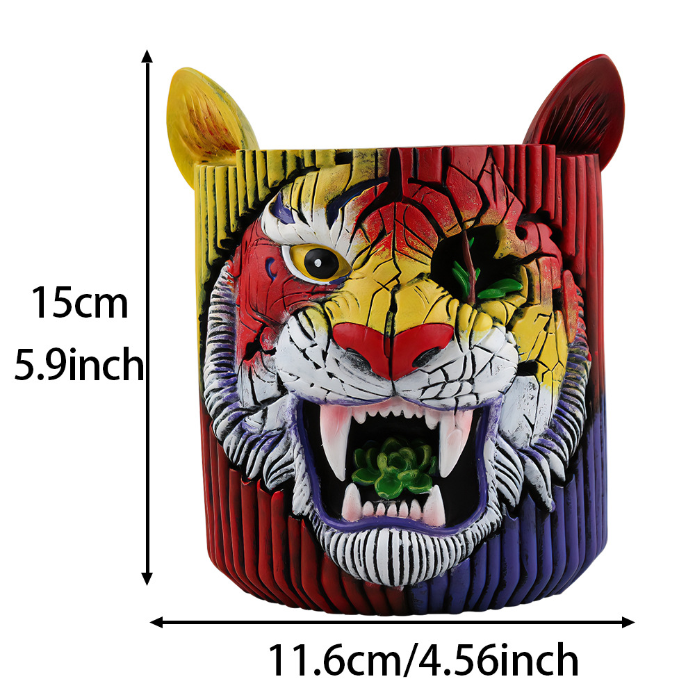  New Creative Colorful Tiger Resin Flower Pot Home Desktop Balcony Hand-painted Art Tiger Face Flower Pot Ornaments