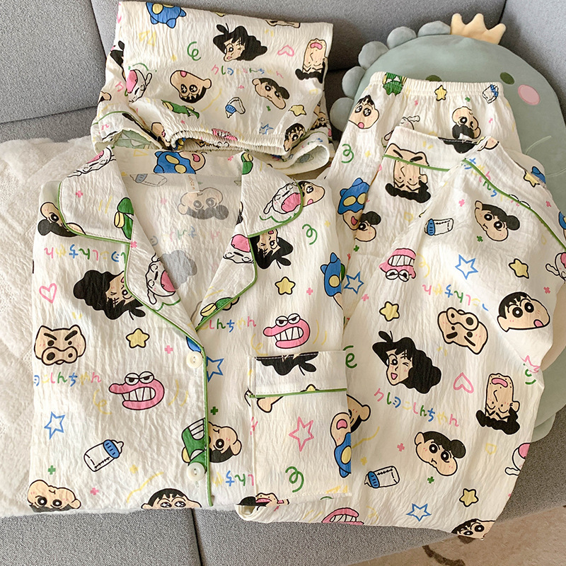 Japanese Crayon Shin Pure Cotton Gauze Pajamas Women's Summer Short-sleeved Cartoon Student Cute Three-piece Home Clothes