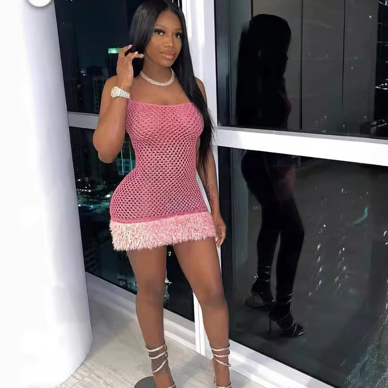 in stock New Amazon AliExpress 2024 Sling Sexy Beaded Bronzing Hip Bright Mesh Hollow dress