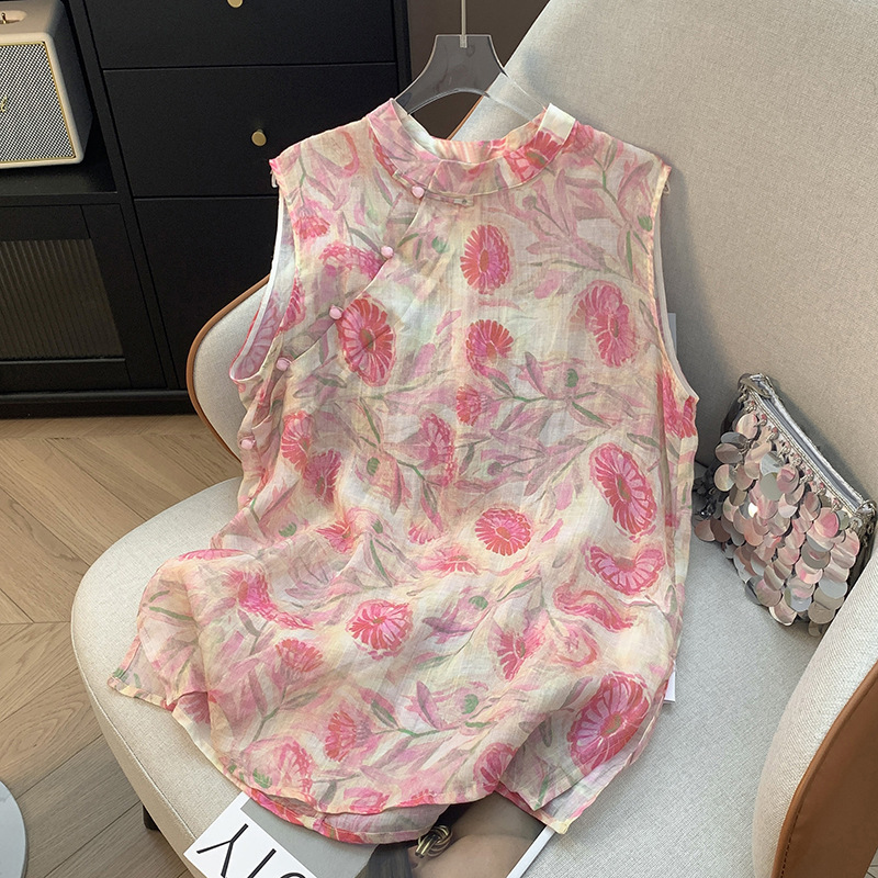 In Stock 2025 New Style Floral Cotton and Linen Sleeveless Pink Top Summer Thin Halter Neck Chinese Style Floral Shirt In Stock 2025 New Style Floral Cotton and Linen Sleeveless Pink Top Summer Thin Halter Neck Chinese Style Floral Shirt