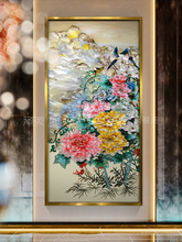 手工牡丹珐琅彩装饰画新中式入户玄关喜鹊画轻奢高档大气屏风挂画