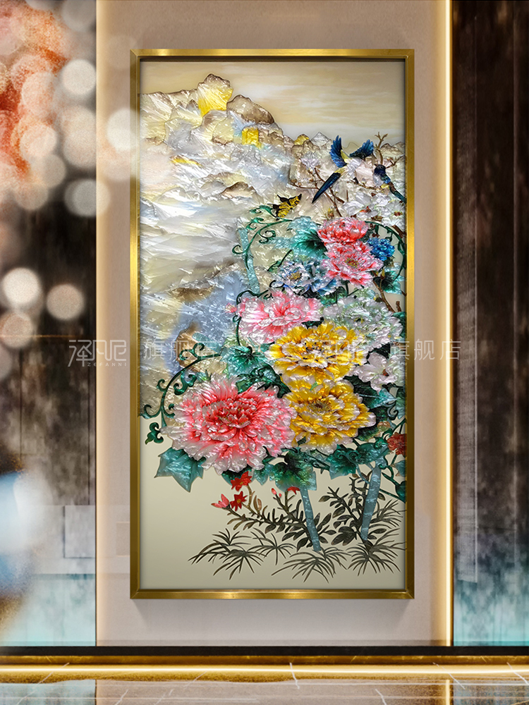 手工牡丹珐琅彩装饰画新中式入户玄关喜鹊画轻奢高档大气屏风挂画