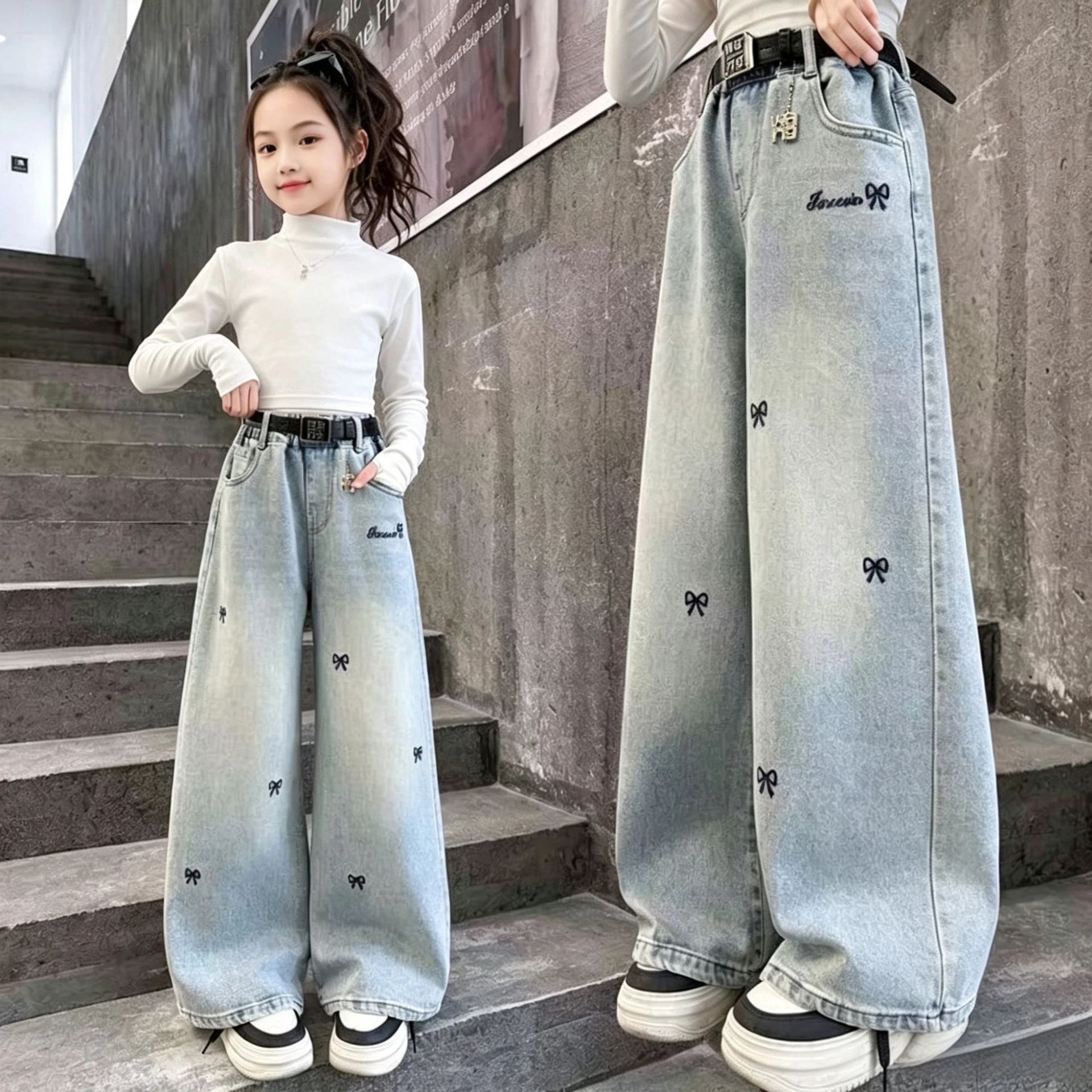 Girls' Pants Spring and Autumn Style, Big Girls' Trendy Wide-Leg Pants, Children's Autumn Long Pants, Junior High School Girls' Jeans Trendy
