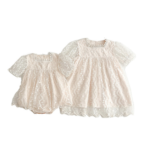 Summer New Lace Edge Short Sleeve Baby Girls' Korean Style Sister Set Girls' Princess Dress Net Fabric Tunic