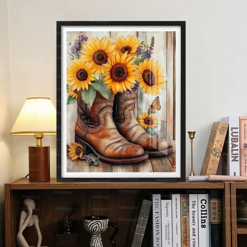 Mona Lisa real girasol de bordado cruzado y viejos zapatos de cuero nuevo estilo minimalista estética pequeña sala de estar bordado